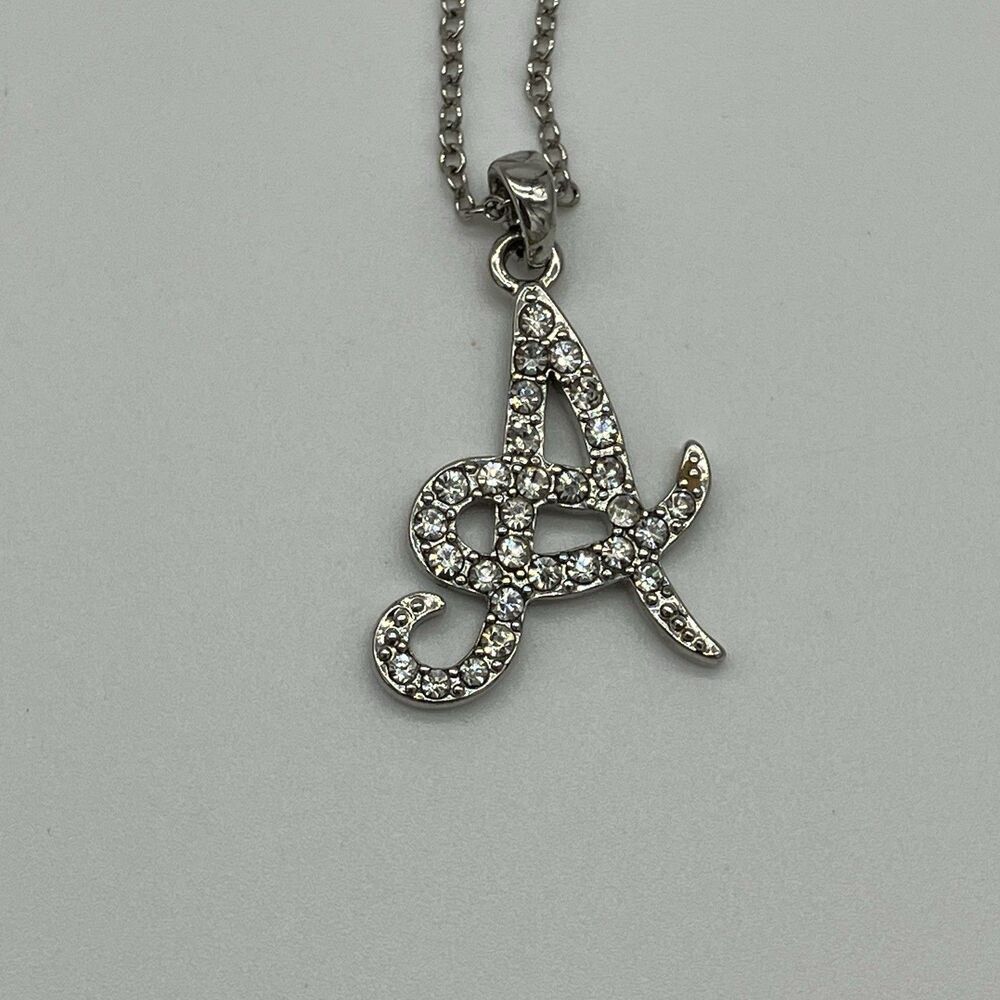 Silver Tone Initial A‎ Necklace 16 in Clear Crystal Rhinestone Dainty Pendant